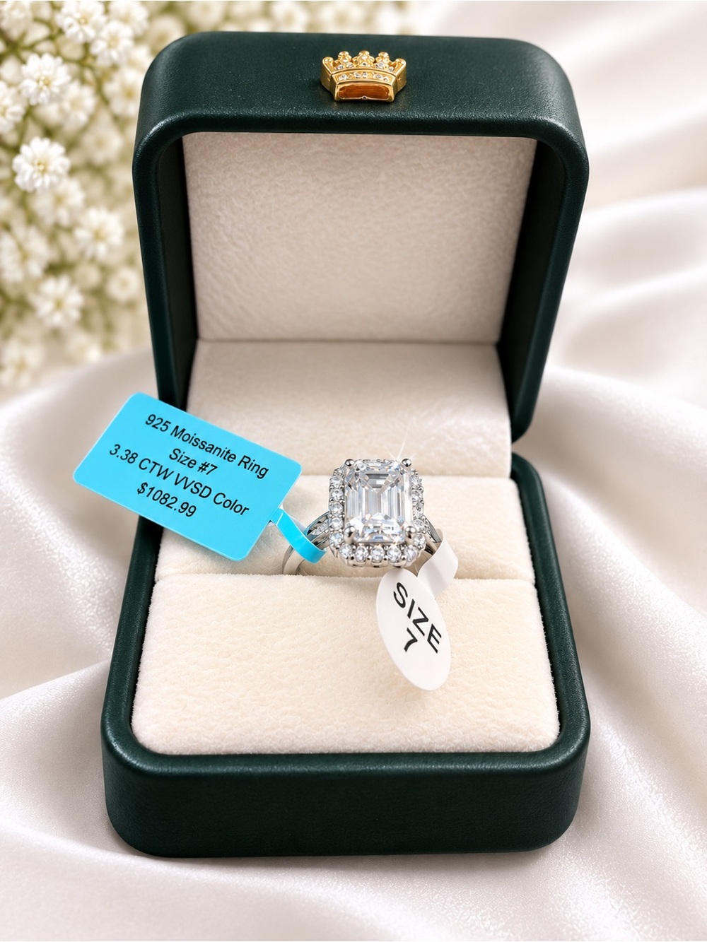 s925 3.38CTW Emerald cut Halo moissanite Ring VVS/D size 7